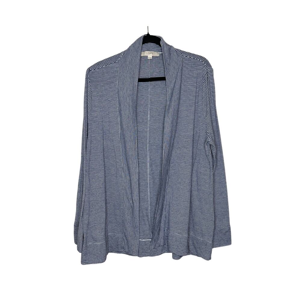 Loft Blue White Striped Cardigan 2XL Open Front Lightweight Stretch Sweater Plus
